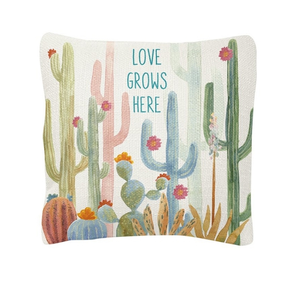 'Love Grows Here' Cactus Square Pillow